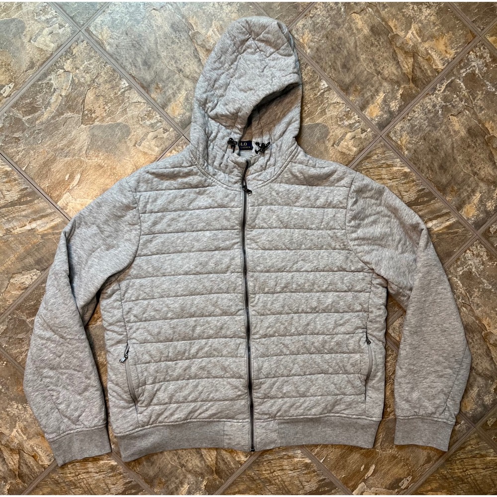 Polo Ralph Lauren Quilted Hoodie Mens XXL Grey Full Zip Jersey Jacket